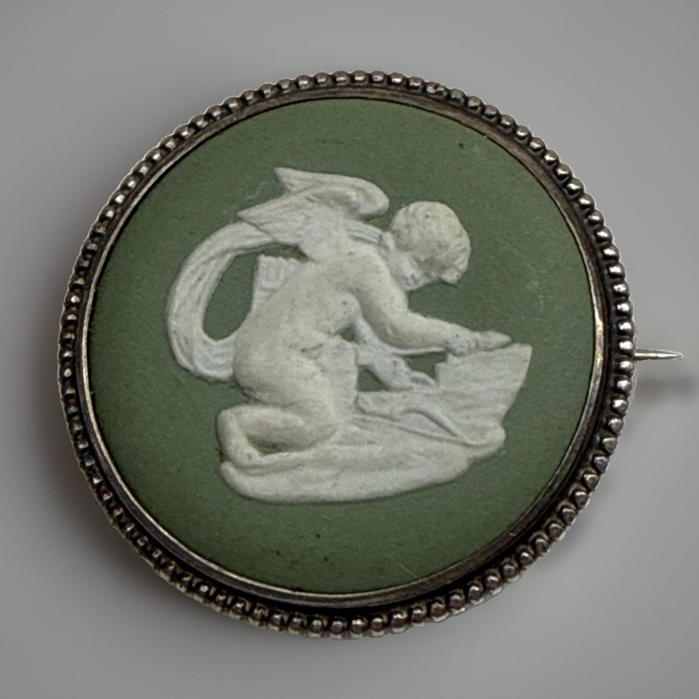 Vintage 1964 Sterling Silver Wedgwood Jasperware Sage Green Pendant Pin 1.25"